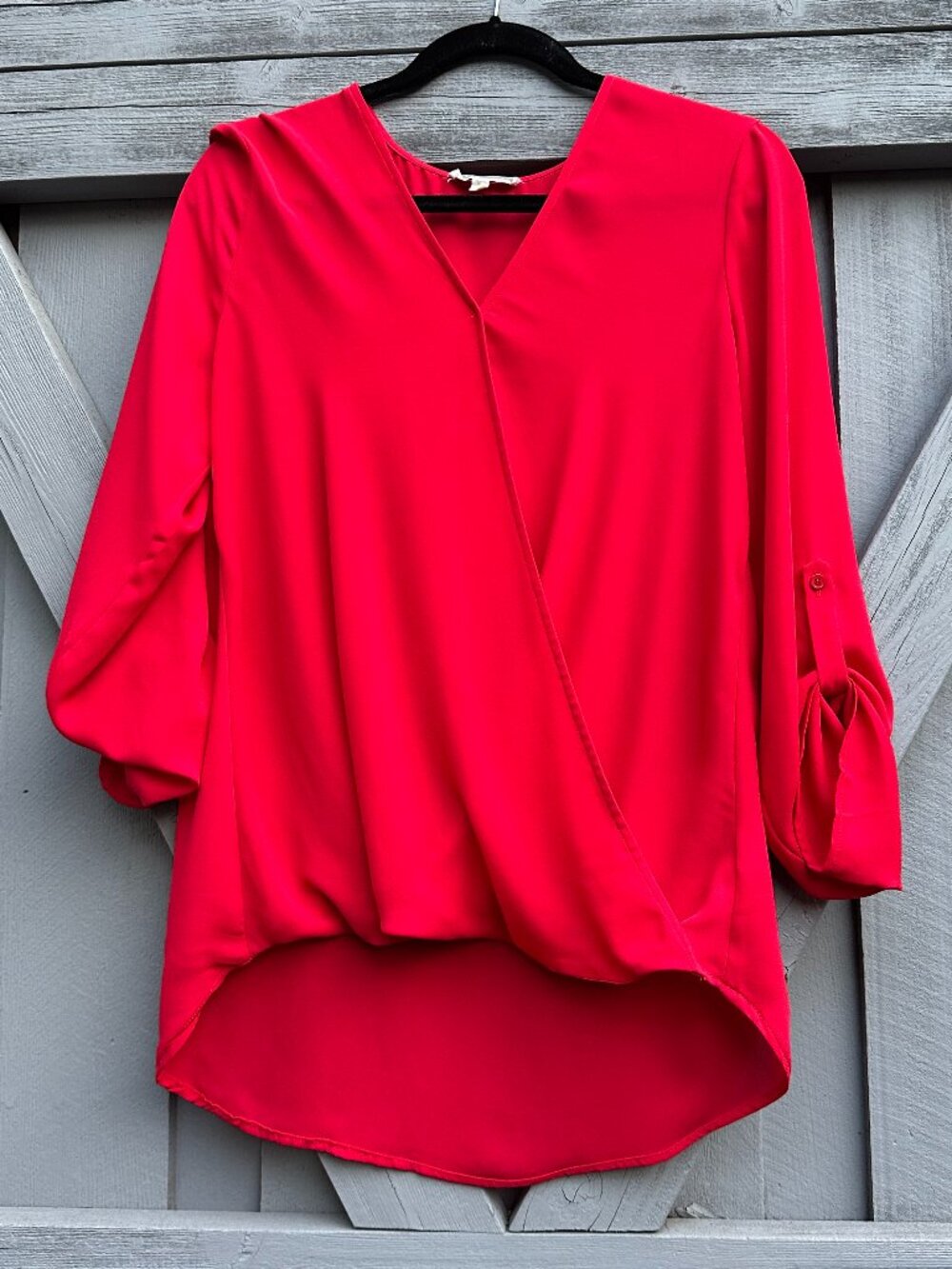 Pleione Women's Large Red Faux Wrap Blouse Roll Tab Sleeve High Low Hem Top